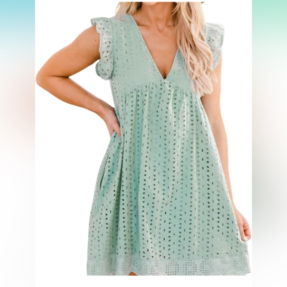 Women's V Neck Dress with Short Loose Ruffle Sleeve Romper Dress